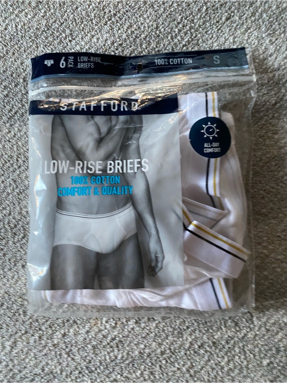 Stafford White Low-Rise Briefs 5-Pack with Classic Yellow Blue Striped Waistband